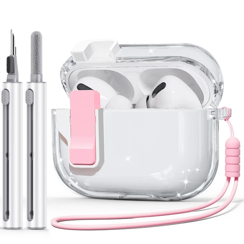 Clear Case for AirPods Pro 2nd Generation Case Cover with Cleaner Kit,with Anti-Drop Lock Compatible for AirPod Gen 2 Charging Case (2023/2022) with Silicone Wrist Strap for Women - Clear Pink