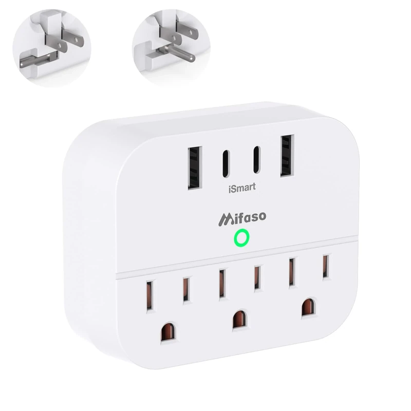 Mifaso Cruise Power Strip - Foldable Plug, 3 Outlets + USB-C, Travel Size