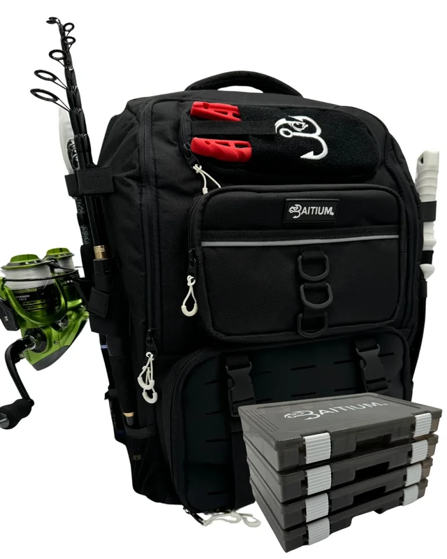 Baitium Fishing Backpack, Tackle Bag With Rod Holders, 40L Capacity With Cooler, Rain Cover, Insulated Pocket, 4 Tackle Trays Included (Jet Black)