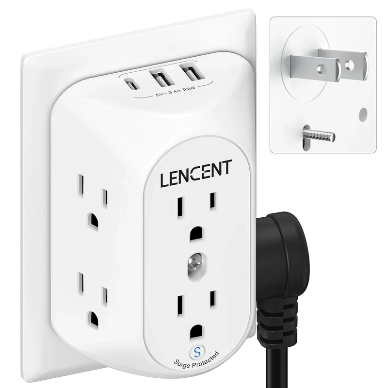 LENCENT 2 Prong Power Strip, 3 to 2 Prong Grounding Outlet Adapter 6 Outlet 1 Type C&2 USB 3.4A, Polarized Plug, 1728J Surge Protector, 3-Sided Wide Spaced Extender,Wall Mount for Non-Grounded Outlet