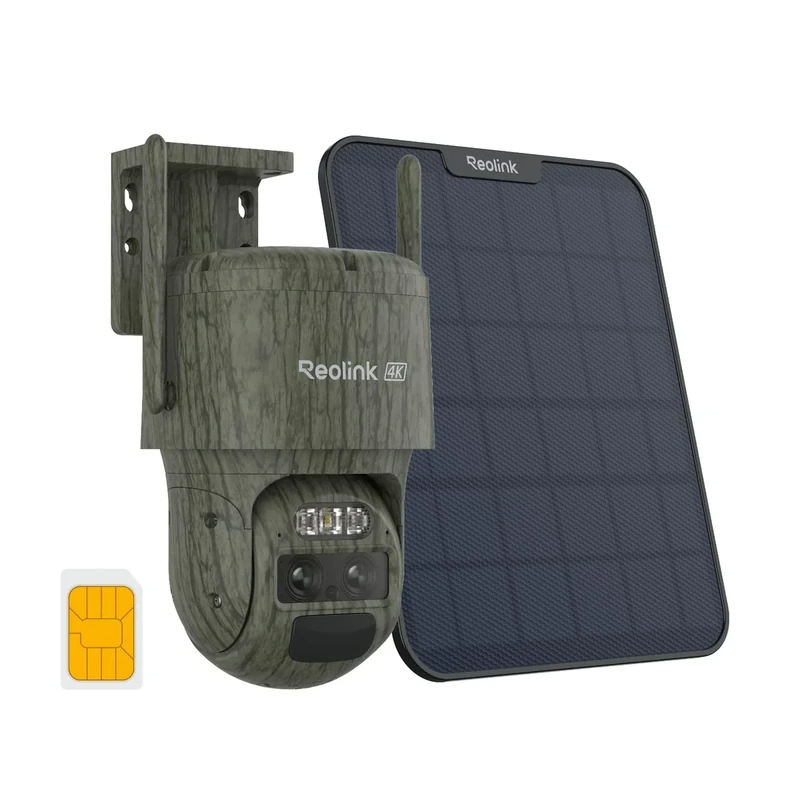 REOLINK 4K Dual Lens 4G LTE Cellular Security Camera, SIM Card Included, Wireless Auto Tracking Trail Camera, 6X Hybrid Zoom, No-Glow IR, Waterproof for Wildlife, TrackMix LTE Trail + Solar Panel 2