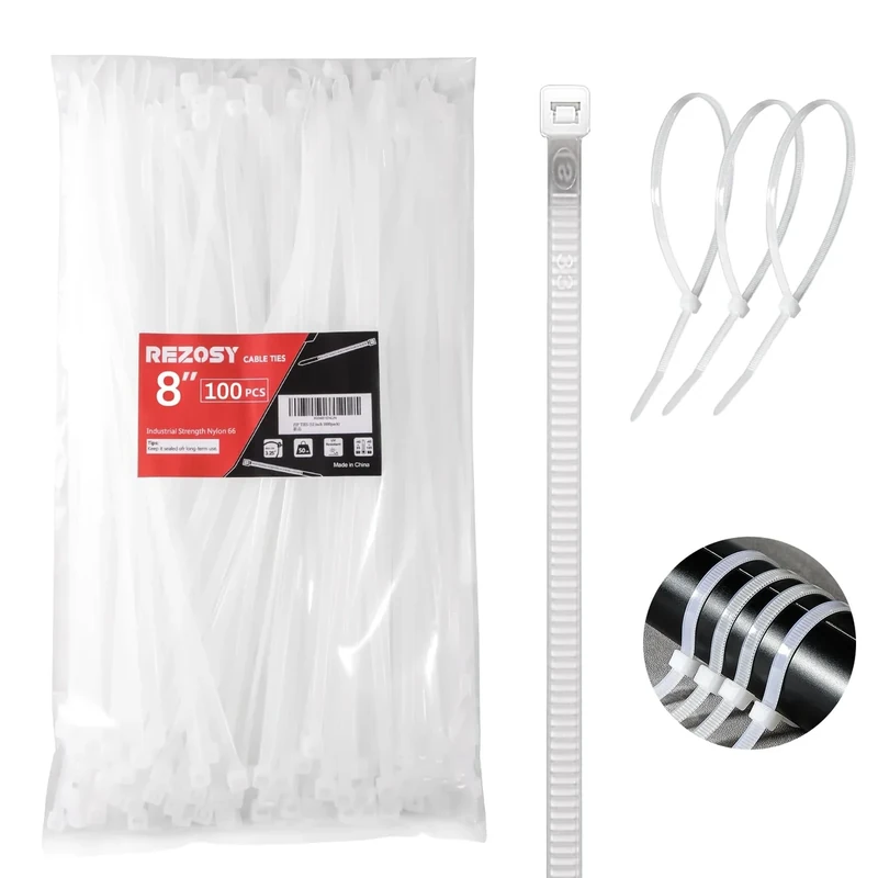 REZOSY White Zip Ties 8 Inch 100 Pack Clear Tensile Strength 40 lbs UV Resistant Industrial Cable Ties Self Locking Zipties Wire Ties Wrap Indoor Outdoor Use for Fence Garage Camping