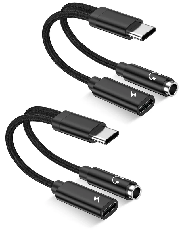 2Pack 2 in 1 USB C to 3.5mm Aux Adapter, Android Dongle C to C Fast Charging for Apple iPhone 17 16 15 Samsung Galaxy Headphone Jack Adapter 60W PD Auxiliar Audio Cord Adoptor Male to Female Converter