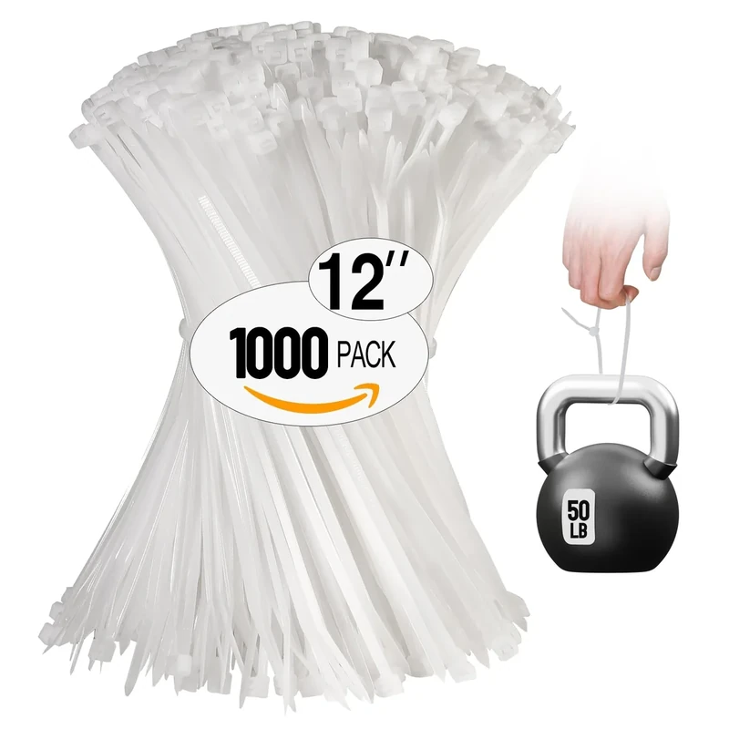 REZOSY 12-Inch White Zip Ties - 1000 Pack, 50lb Tensile, UV Nylon
