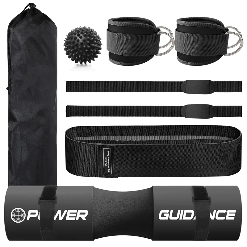 POWER GUIDANCE Barbell Squat Pad - Neck & Shoulder Protective Pad - Great for Squats, Lunges, Hip Thrusts, Weight Lifting & More - Fit Standard and Olympic Bars Perfectly (Black 7pcs Set)