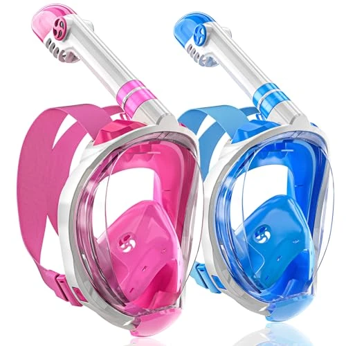 QingSong Kids Snorkel Mask Full Face, Snorkeling Set with Camera Mount, Foldable 180 Degree Panoramic View Snorkeling Gear Anti-Fog Anti-Leak (White Pink/White Blue, XS)