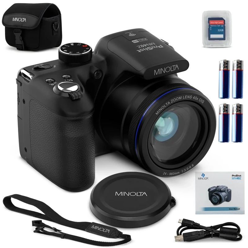 Minolta MN40Z 20MP Digital Camera – 40x Optical Zoom, 1080p FHD Video, 3.0" LCD, Wi-Fi, Face/Smile/Blink Detection – Black