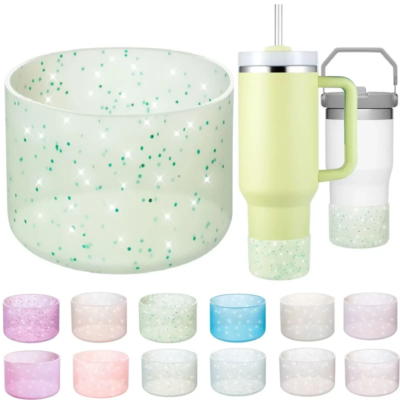Onlymory Silicone Boot for 30 40 OZ Stanley Cup Accessories, Glitter Boots for Stanley 20OZ 30OZ Tumbler Ice-Flow 16OZ Bottle, Anti-Slip Bling Protector Bottom Cover Sleeve, Clear Citron Green