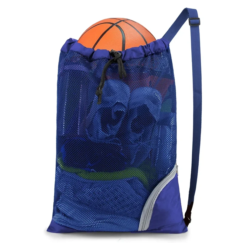 BeeGreen Mesh Drawstring Bag Swim Backpack for Beach Pool Sports Gym Draw String Cinch Bags for Swimming Soccer Basketball Gear Blue