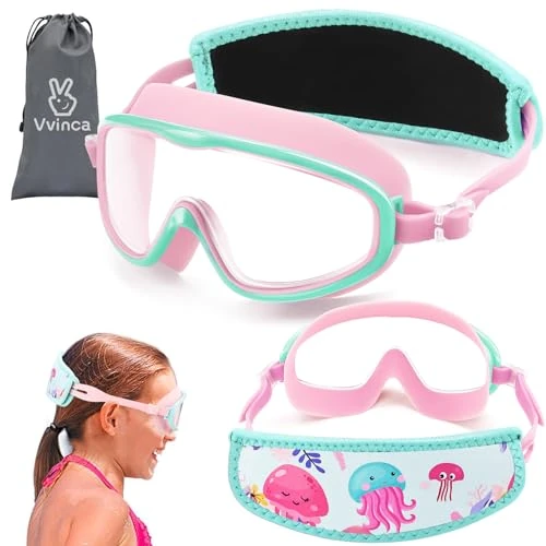 Vvinca Kids Goggles with Fabric Strap for age 2-8, Toddler Swim Goggles Wide View Anti Fog Anti UV No Leak for Girls Boys