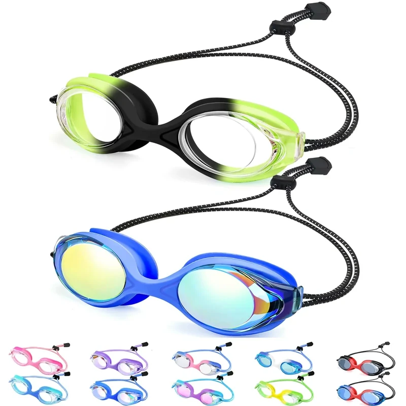 Vvinca 2 Pack Bungee Strap Kids Swim Goggles, No Hair Pulling Anti-Fog Adjust Goggles for Kids 4-16 Teens Youth