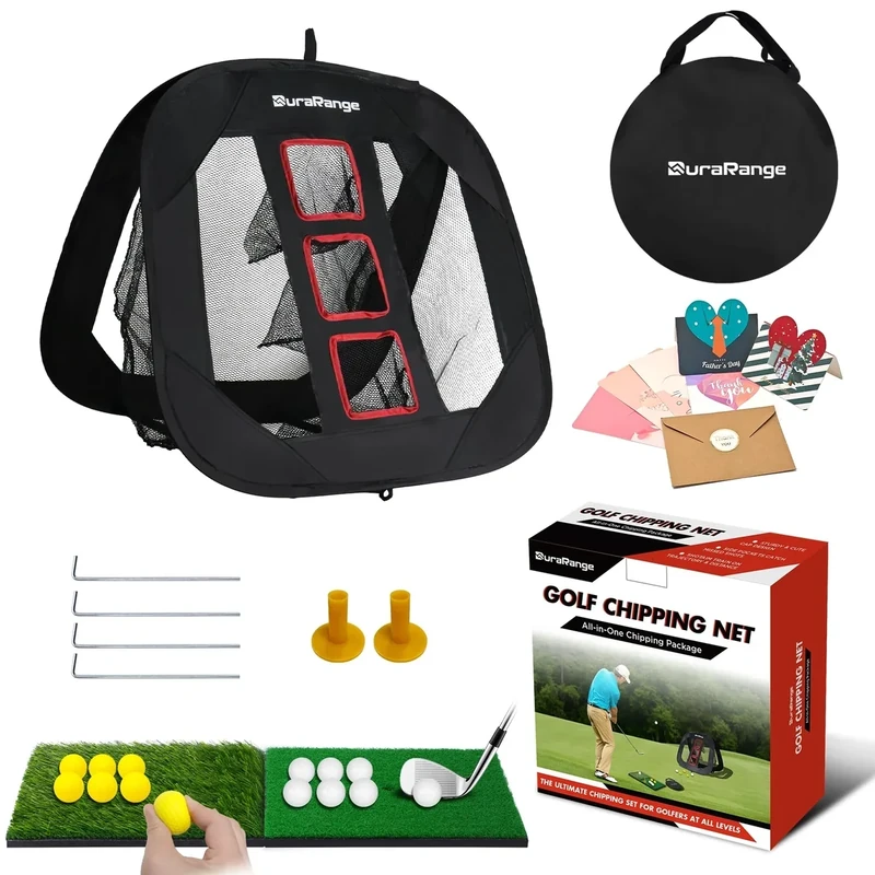 DuraRange Foldable Golf Chipping Net Set - Ultimate Target Training Chip Aids & Golf Gift - Includes 2 Hitting Mats, 6 Real Practice Balls, 6 Foam Balls - Black