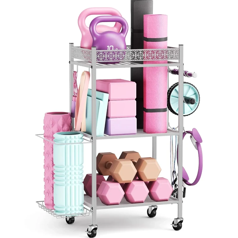 Yoga Mat Storage Rack, Home Gym Storage Rack Yoga Mat Holder, VOPEAK Workout Storage for Yoga Mat, Foam Roller, Gym Organizer Gym Equipment Storage for Home Exercise and Fitness Gear (Metal)