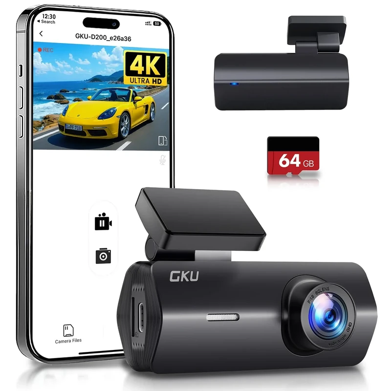 GKU 4K Dash Cam,Dash Cam Front with UHD 2160P, DashCam Built-in WiFi, 24H Parking Monitor,Night Vision,WDR,170° Wide Angle,Loop Recording,G-Sensor,DashCam Includes 64GB Card (Matte Black)