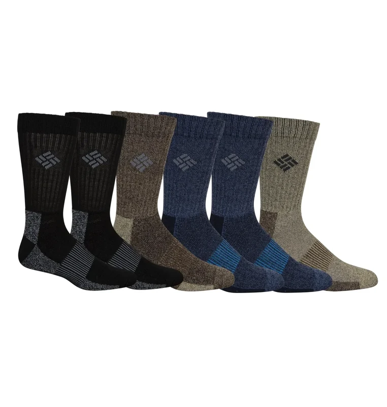 Columbia Men's Moisture Control Crew Socks 6-Pack, Khaki/Navy/Brown/Black, 6-12