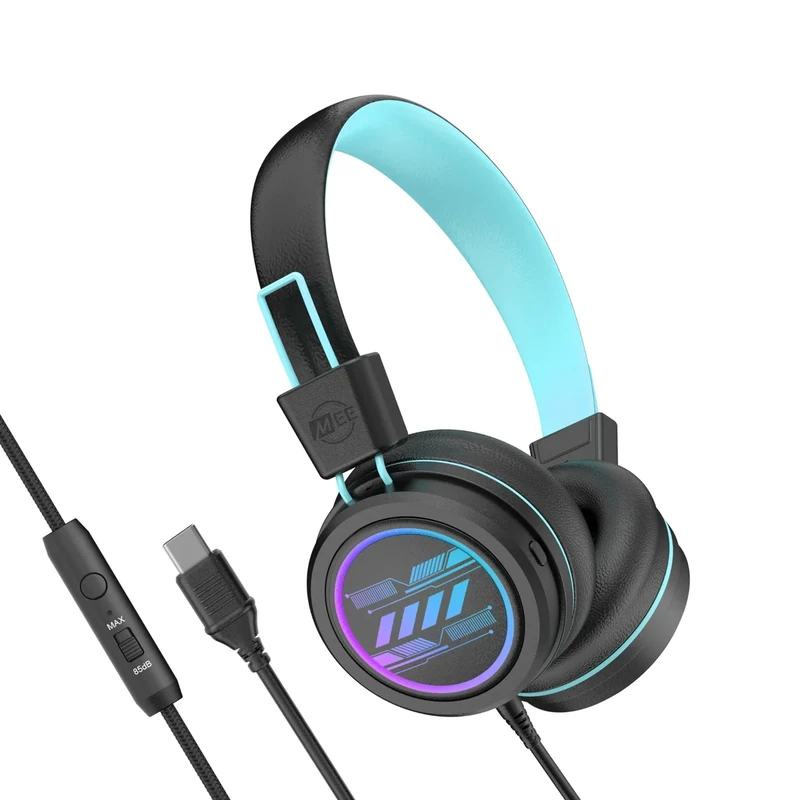MEE audio KidJamz KJ55 Safe Listening USB-C Headphones for Children with Multicolor LED Lights, Volume Limiter, & Microphone; On-Ear Wired Kid Headset for iPhone 16, iPad, & USB Type C Devices (Black) - Image 1