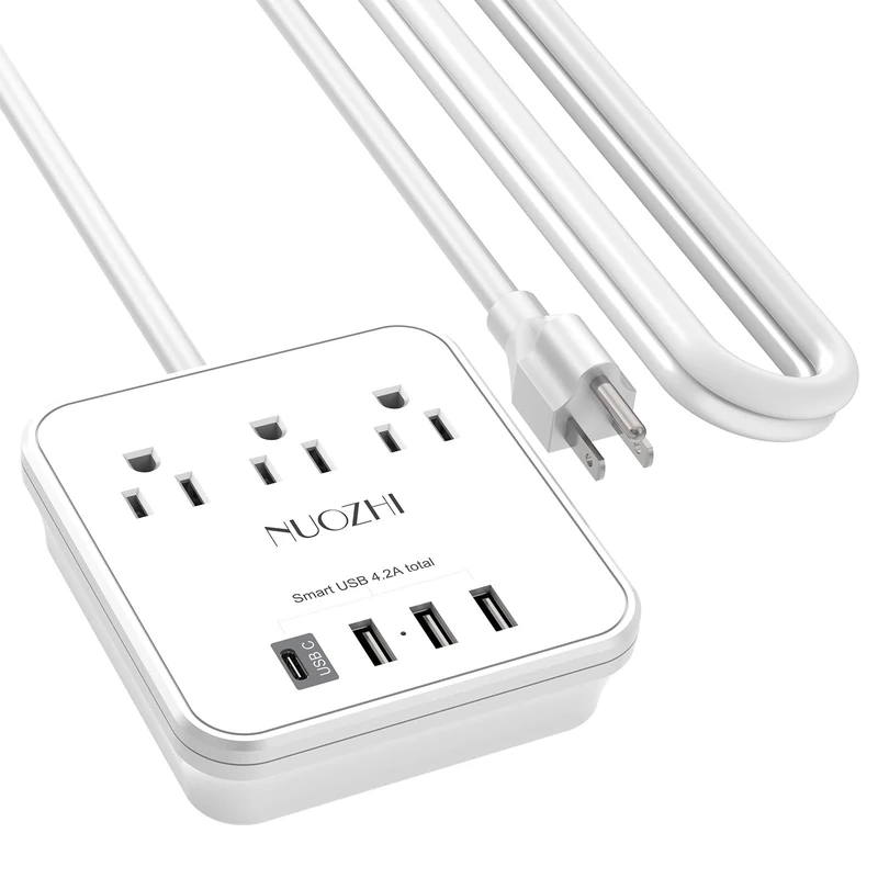 NUOZHI 10ft Power Strip with 3 Outlets, 3 USB-A & USB-C - White