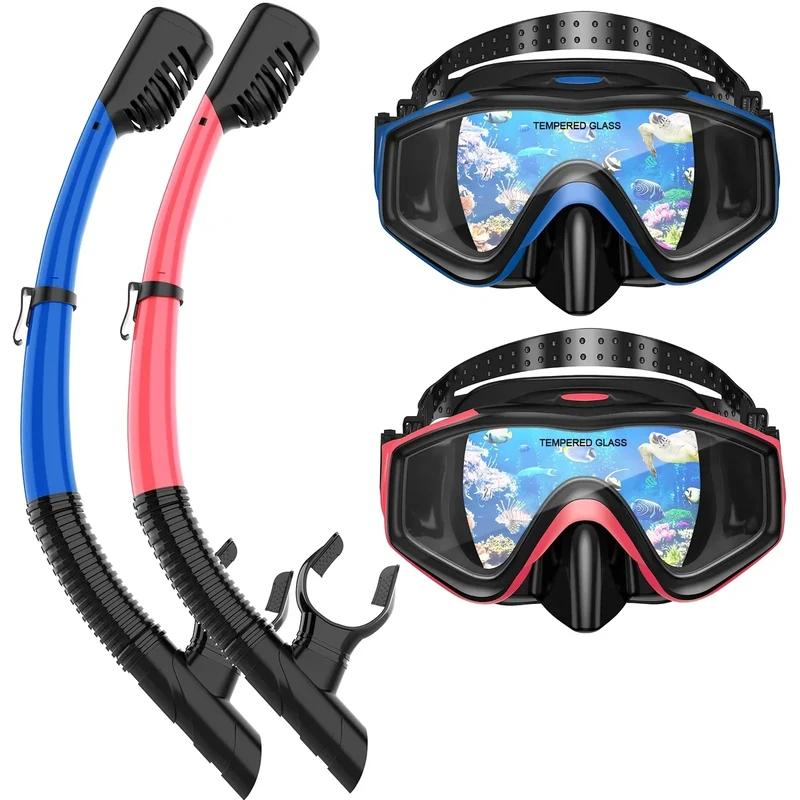 Snorkeling Gear for Adults, Dry Top Snorkel Mask Set 2 Pack Scuba Diving Mask Snorkel Gear Anti Fog Snorkeling Packages Tempered Glass Panoramic View Nose Cover (Blue&Pink)