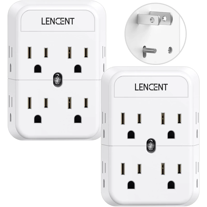 LENCENT 2 Prong Power Strip, 2 to 3 Prong Outlet Adapter, Polarized Plug, 3-Sided 8 Outlets Widely Spaced Extender, 1875W Max Wall Plug Splitter, Compact Wall Tap for Old House Hotel 2 Pack