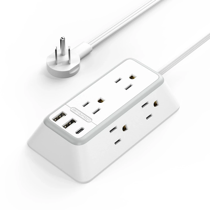 NTONPOWER 10 Feet Indoor Extension Cord Flat Plug 3 Prong Power Strips,1080 J Surge Protector Mountable Power Strip with USB, Long Extension Cord with USB C for Home Office Desk, White