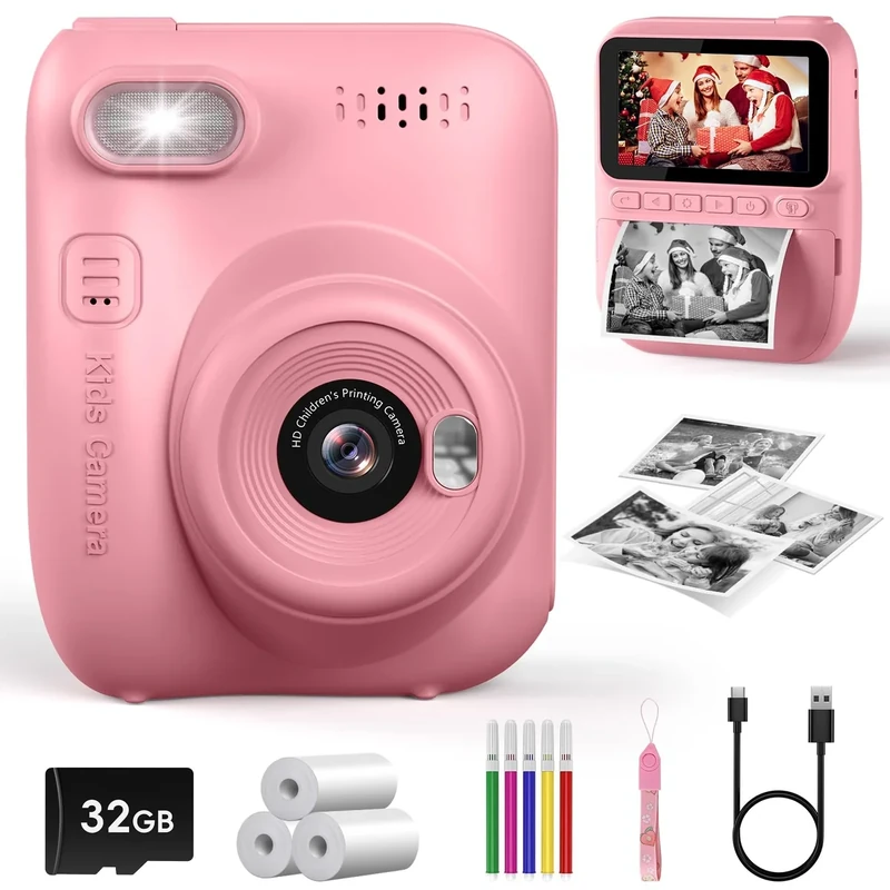 LETSHAHA Kids Instant Print Camera - 3.0" HD Screen, 32MP, Pink