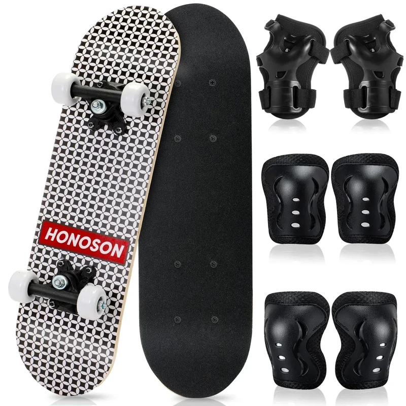 Honoson 7 Pcs Skateboard for Toddlers Beginners Knee Elbow Pads Wrist Guards Gear Set(Black White Plaid,Age 6-10 Kids 24 x 6)