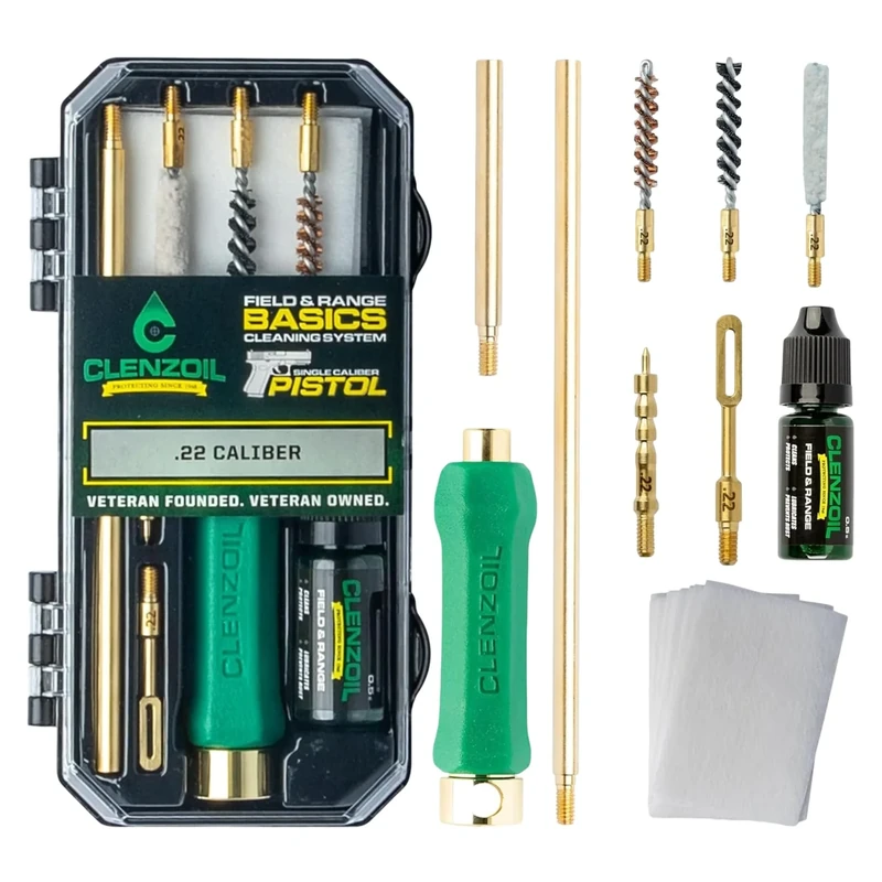 Clenzoil Pistol Basics Single-Caliber Cleaning Kit - All-in-One Gun Cleaning Kit - Gun Maintenance & Firearm Care - with Bore Brushes, Gun Oil & More - for 22 Caliber Pistols & Revolvers
