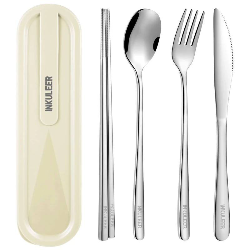 Travel cutlery set, 18/8 stainless steel cutlery, Reusable utensils set with case, Portable Silverware Lunch Box for Camping and Office-Stainless steel