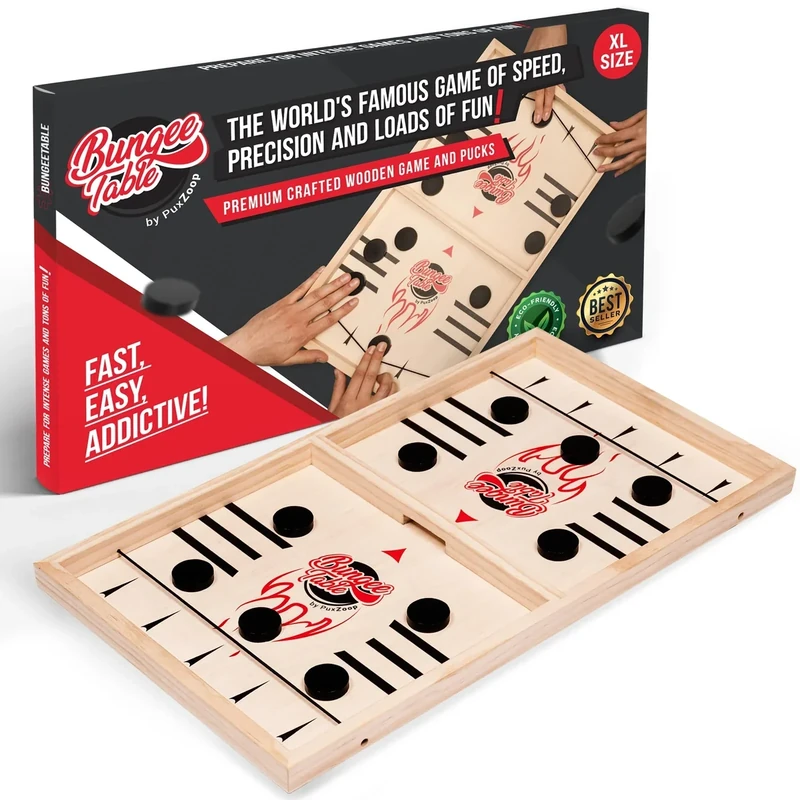 Bungee Table Fast Sling Puck Game - Extra Large Size - Test Your Speed and Accuracy with This Fast-Paced Wooden Air Hockey Board Game - Guaranteed Fun for Family Night or Friends Party