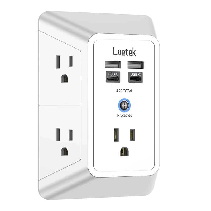 Lvetek 5-Outlet Surge Protector with 4 USB Ports (2 USB-C) - 1680J, ETL Listed, White