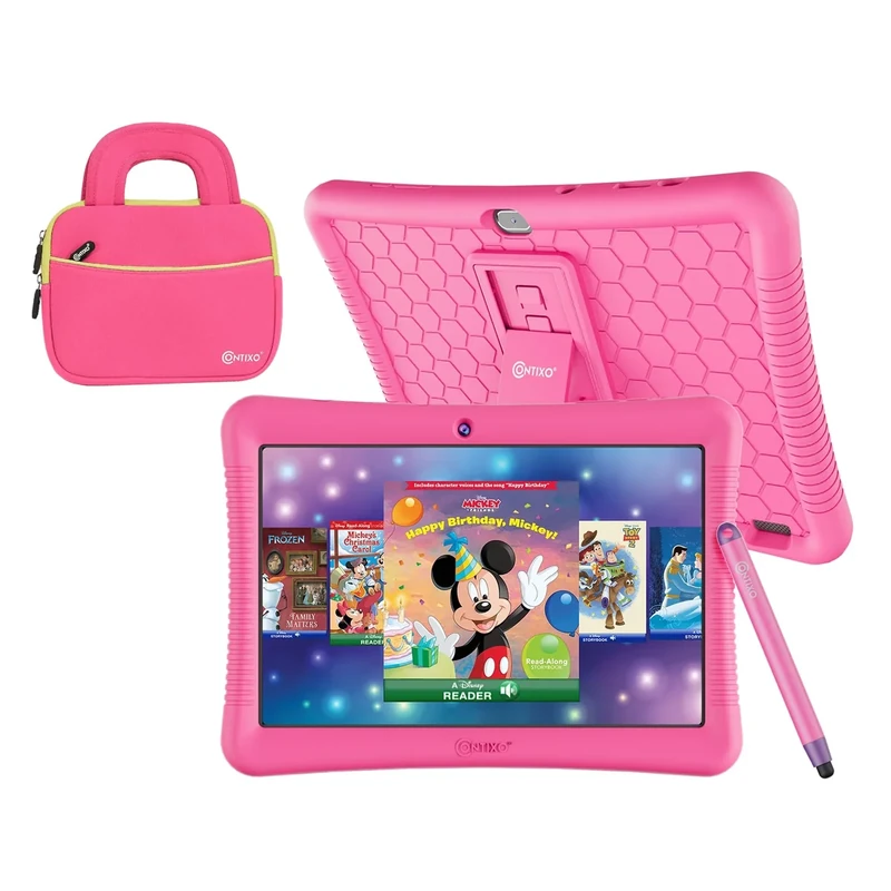 Contixo K102 10" Kids Tablet Bundle - HD Learning Tablet & Sleeve Bag for Kids Ages 3-7, Includes Learning Educational Apps, Parental Controls, Android, Dual Camera - Pink