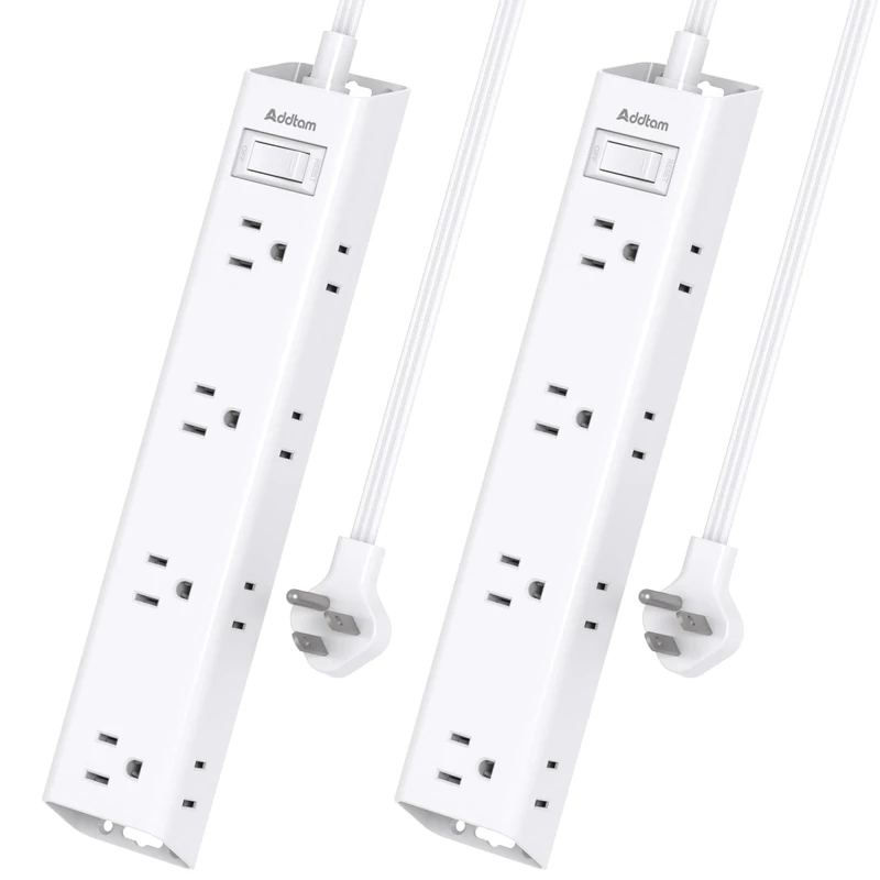 Addtam 2-Pack Flat Plug Surge Protector - 12 Outlets, 5ft Cord, 1050J
