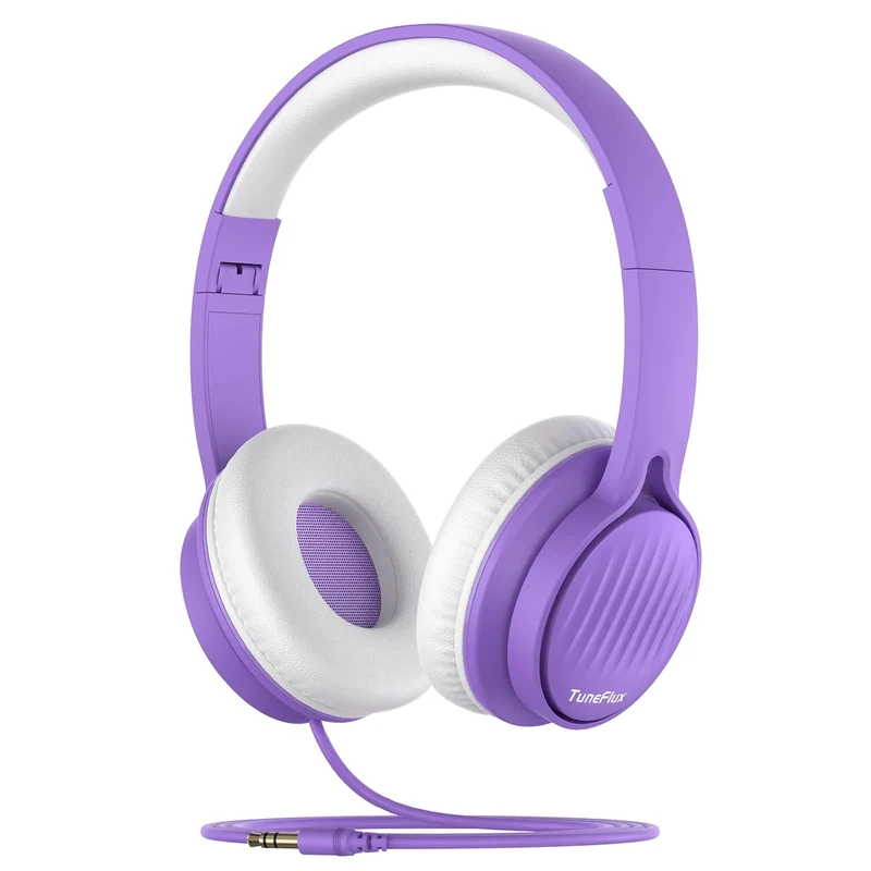 TuneFlux Kids Headphones - Wired, 85dB Limit, Foldable Stereo Purple
