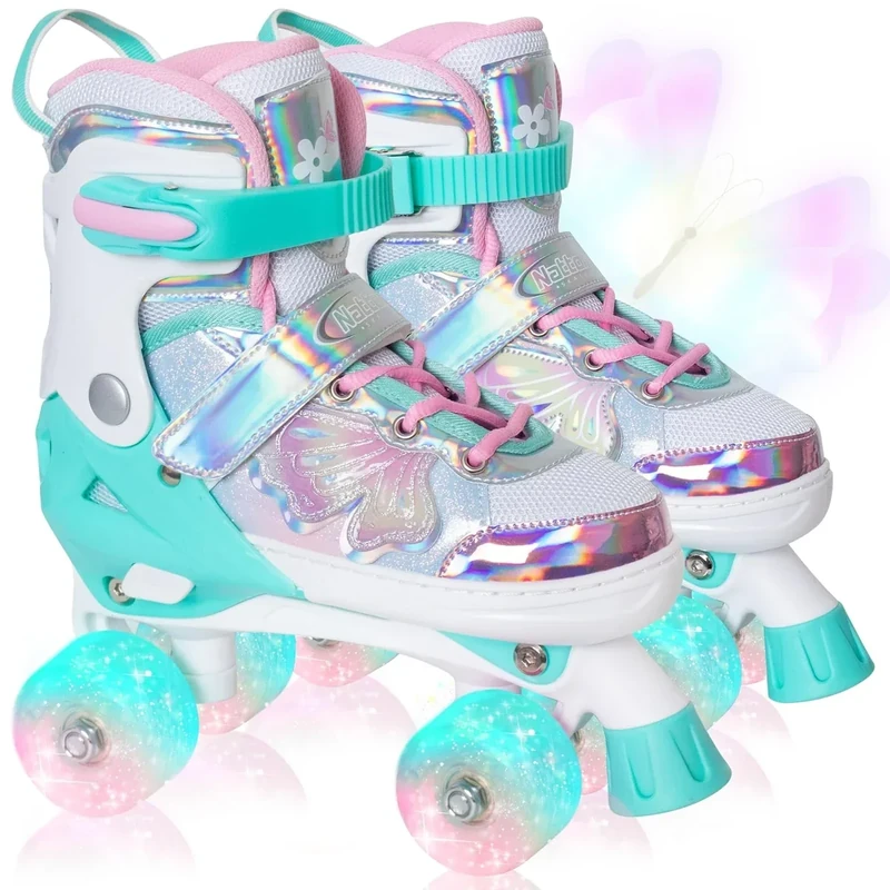 Nattork Kids Roller Skates for Girls Boys - Teal for Toddlers Age 3 4 5 - Adjustable All Light up Wheels Butterfly and Flower Indoor Outdoor Sports Birthday Gift for Son and Grandson, X-Small(7C-9C)