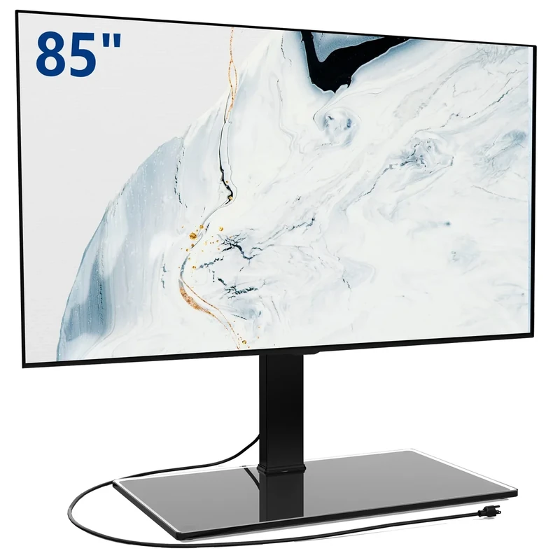 FITUEYES Universal TV Stand with Power Outlets for 50-85 inch TVs, Swivel&Height Adjustable Tall TV Stand for Bedroom Living Room, 27.5''Large Tempered Glass Base Holds up to 110 lbs.
