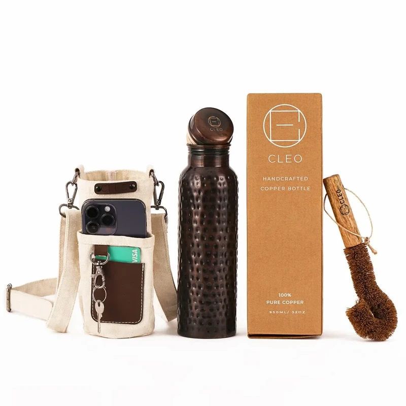 AVA DESIGNZ Hammered Copper Bottle Yoga Ayurvedic Water Bottle, Leak-Proof Copper Vessel Cleaning Brush and Canvas Bag, Joint-Free 100% Pure Copper Water Bottle for Drinking, Thermos, 32 Oz Blac