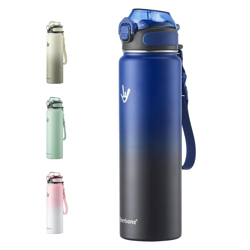Enerbone 32 oz Insulated Water Bottle, Stainless Steel Bottle with Carrying Strap, Double-Wall Vacuum Insulation Design, Leakproof Sports Bottle with Straw, Keep Drinks Cold or Hot for Hours
