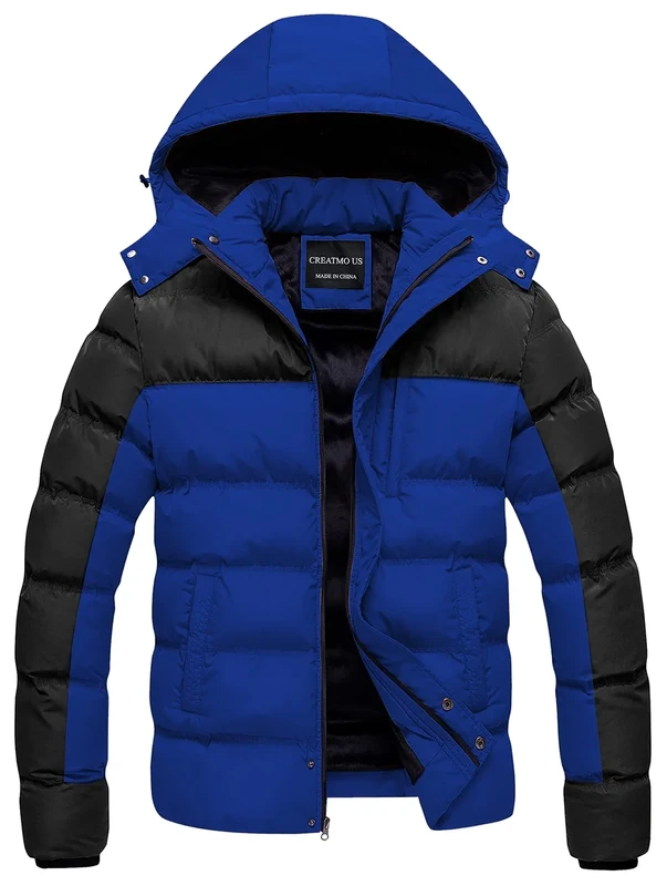 CREATMO US Mens Winter Jacket Puff Parka With Hood Down Jackets Bubble Coat Men's Waterproof Thick Puffer Black & Blue 3XL