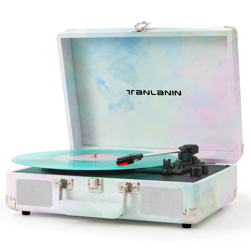Watercolor Vinyl Record Player with Treble & Bass Control, Vintage 3-Speed Bluetooth Suitcase Portable Turntables with Built-in Speakers, 33 45 78 RPM LP Player Support RCA/AUX/Headphone Jack, Green