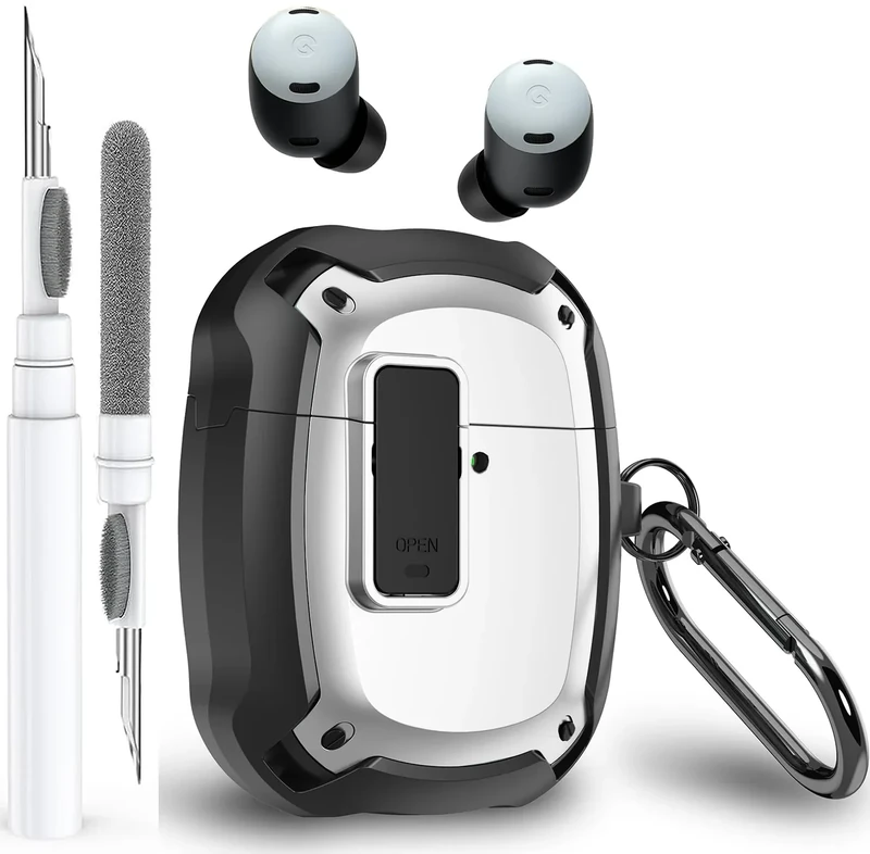 Olytop for Google Pixel Buds Pro 2/ Pro Case Cover with Lock Clip & Cleaner Pen 2024/2022, Shockproof Protective Hard Cover Skin with Carabiner Men Women - Black/White