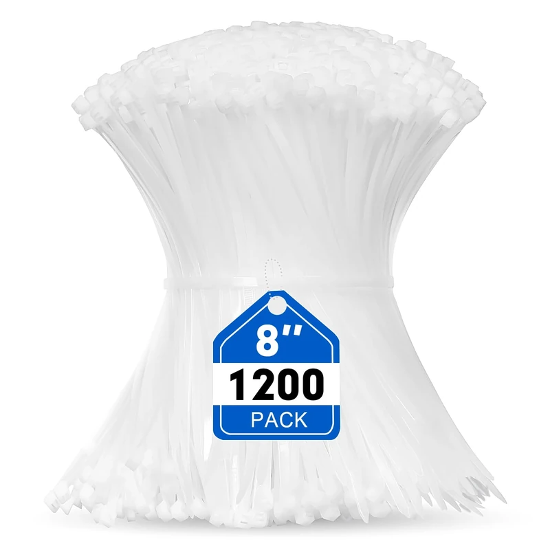 RAZCC 1200pcs 8" Heavy Duty White Cable Zip Ties - 50lb Strength