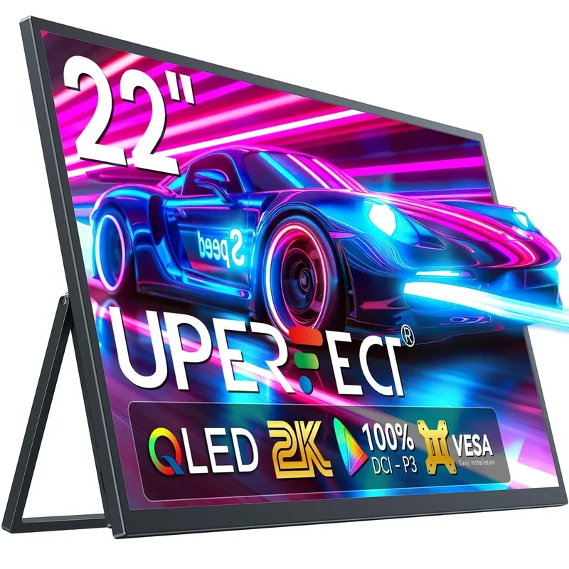 UPERFECT 22" Portable Monitor 2K QLED w/VESA & 180° Adjustable Stand, 2560×1440 QHD FreeSync HDR Gaming Display, USB-C HDMI Travel Second Monitor for Laptop, Switch, Phone