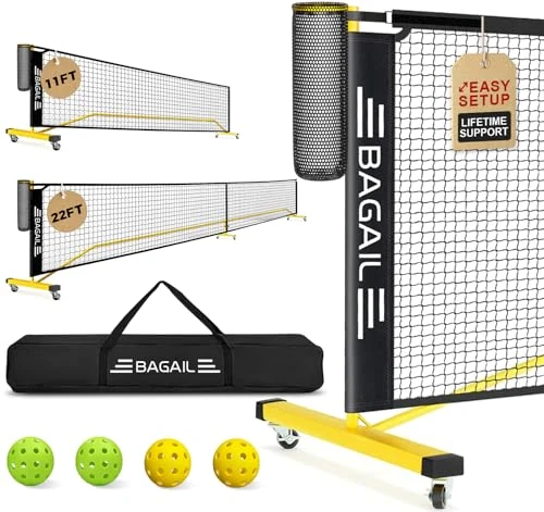 BAGAIL Portable Pickleball Net Set with Wheels, 22 FT Regulation Size & 11 FT Half Court Size 2-in-1 Pickle Ball Net with Ball Collector, Carry Bag, 4 Pickle Balls, Easy Setup - Yellow