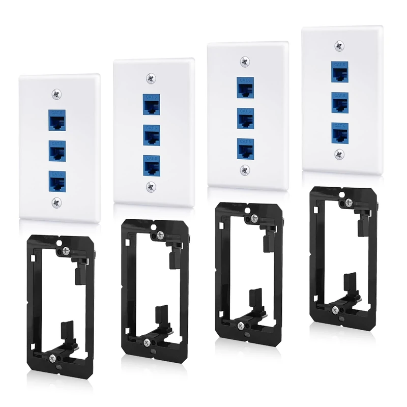 4 Pack Ethernet Wall Plate 3-Port Cat6 Keystone Jack RJ45 Outlet Female to Female with Low Voltage Mounting Bracket