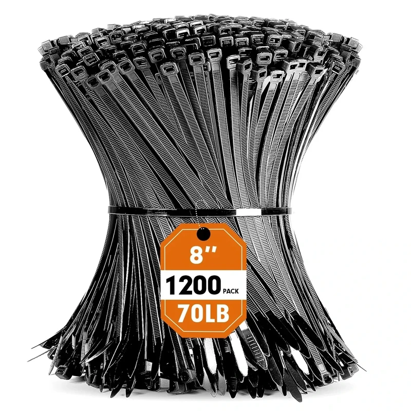 Zip Ties, RAZCC 1200pcs Black Cable Zip Ties 8 Inch, Heavy Duty Plastic Wire Ties with 70lb Tensile Strength, Self-Locking Black Nylon Tie Wraps for Indoor and Outdoor