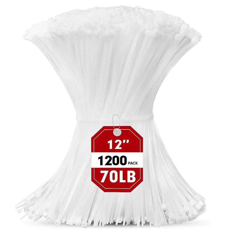 RAZCC 1200pcs 12in Duty White Cable Zip Ties - 70lb Strength