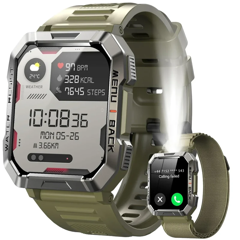 Military Smart Watch for Men (Answer/Make Calls), 2.01'' Smart Watch for Android and iPhone, Fitness Tracker with Flashlight/Compass/100 Days Battery/Heart Rate/Sleep/100+ Sport Modes(2 Straps)