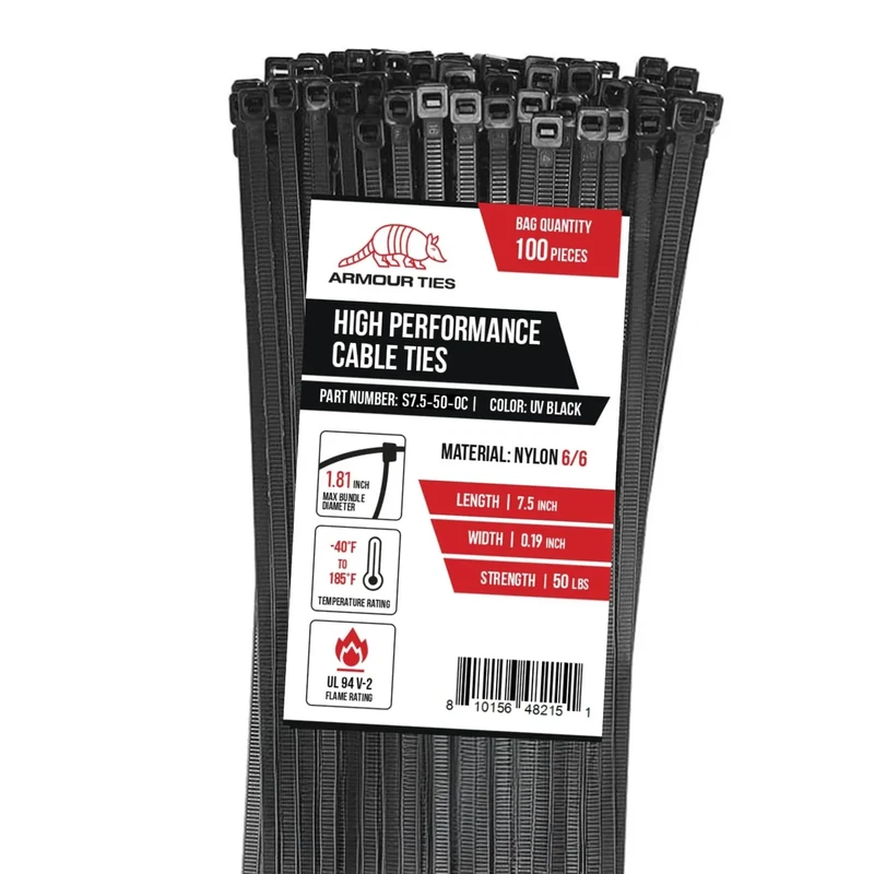 Armour Ties 7.5" UV Resistant Heavy Duty Cable Ties - 100 Pack, 50lb