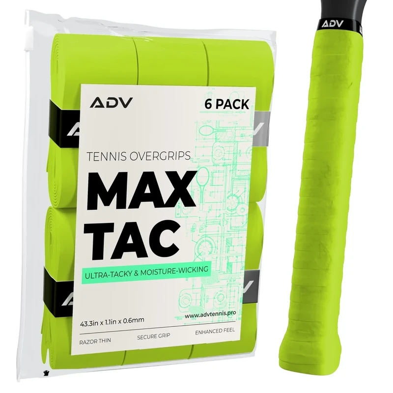 ADV MaxTac Tacky Tennis Overgrip - 6 Pack Extremely Sticky Non-Slip Tennis Grips Overgrip - Razor-Thin & Easy to Use Pro Tennis Racquet Grip Tape (6-Pack Volt)