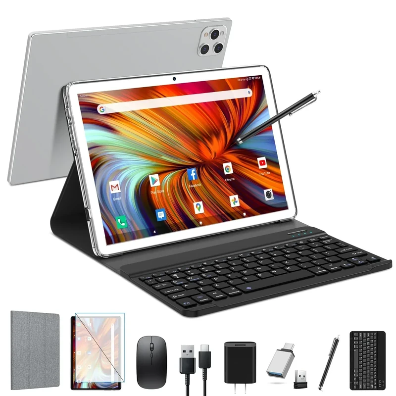 EITOMIN Tablet 10 inch 2026 Latest Android Tablet 128GB ROM+16GB RAM+1TB Expandable Octa-Core 5G WiFi 1080FHD/13MPCamera/7000mAh/Bluetooth 5.0/GPS/Tab with Keyboard/OTG/Mouse/Pen Silver
